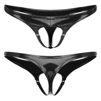 Open Crotch Shiny Black Thong - Image 4