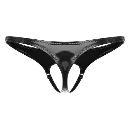 Open Crotch Shiny Black Thong - Image 8